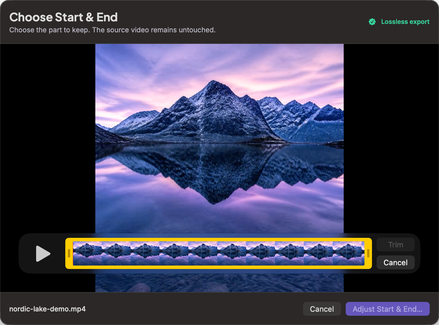 SnappyEdit lossless video trim editor with timeline and mountain video preview